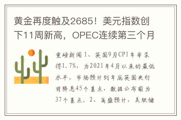 黄金再度触及2685！美元指数创下11周新高，OPEC连续第三个月下调今明两年的石油需求增长预测，国际油价持续下跌